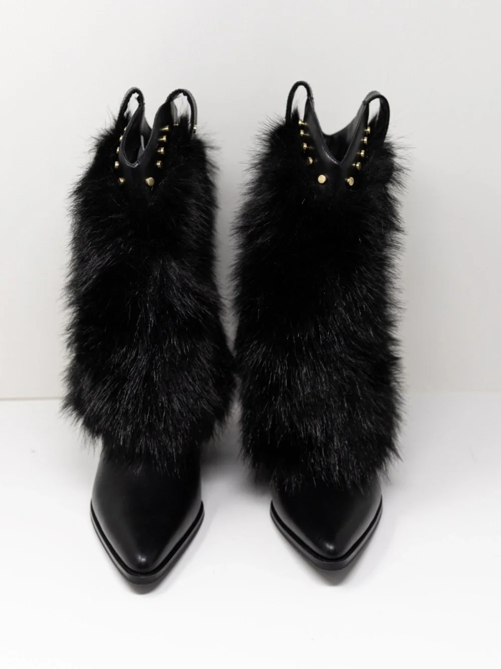 NEW Azalea Wang Violetta Faux Vegan Fur Pull On Western Heel Boots Shoes Black 7 - Picture 2 of 4
